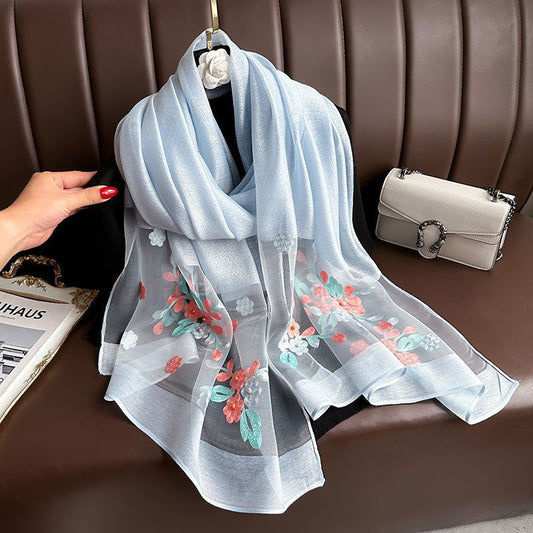 Light blue Elegant Embroidered Begonia Flower Long Scarf for Women - Beaded Faux Silk Shawl with Floral Design, Lightweight Sunscreen Wrap for Spring Autumn Daily Wear