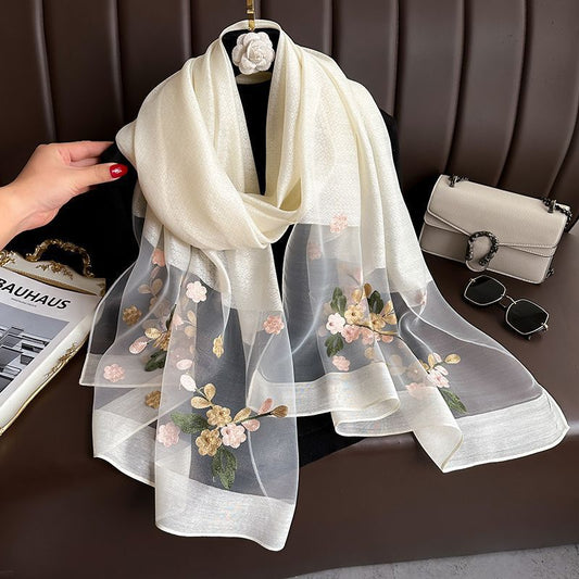 Beige Elegant Embroidered Begonia Flower Long Scarf for Women - Beaded Faux Silk Shawl with Floral Design, Lightweight Sunscreen Wrap for Spring Autumn Daily Wear