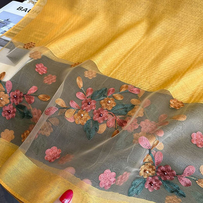 Beige Elegant Embroidered Begonia Flower Long Scarf for Women - Beaded Faux Silk Shawl with Floral Design, Lightweight Sunscreen Wrap for Spring Autumn Daily Wear