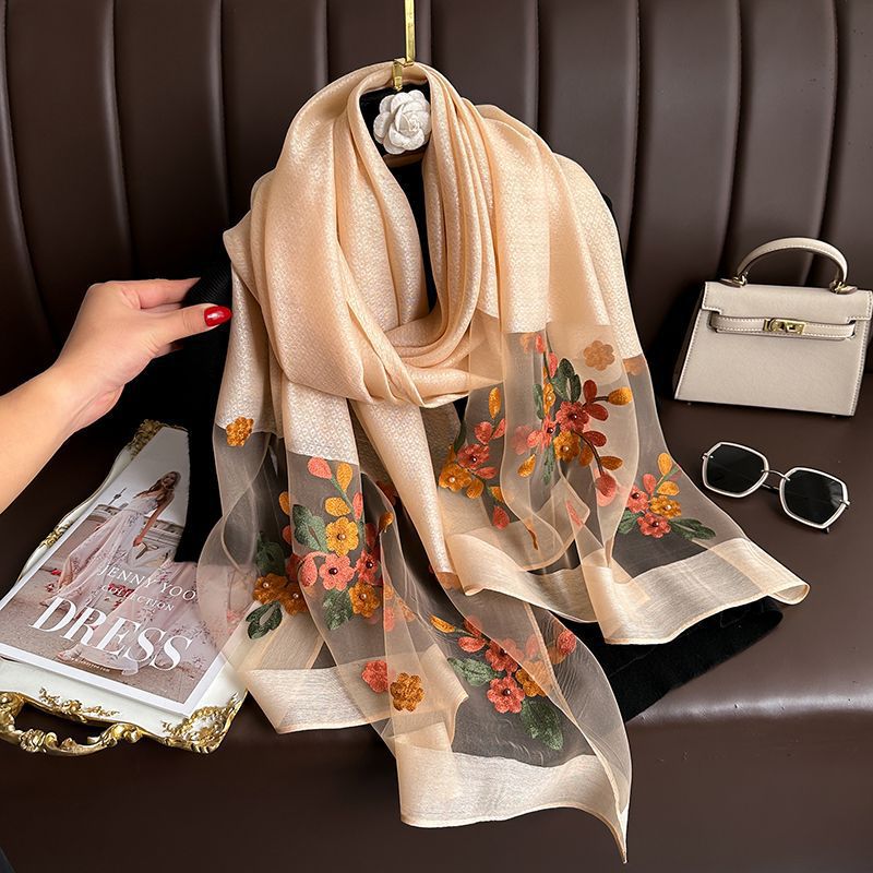 Khaki Elegant Embroidered Begonia Flower Long Scarf for Women - Beaded Faux Silk Shawl with Floral Design, Lightweight Sunscreen Wrap for Spring Autumn Daily Wear