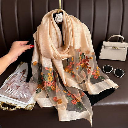 Khaki Elegant Embroidered Begonia Flower Long Scarf for Women - Beaded Faux Silk Shawl with Floral Design, Lightweight Sunscreen Wrap for Spring Autumn Daily Wear