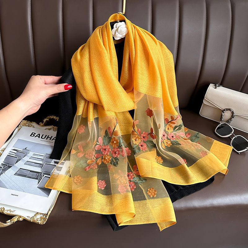 Turmeric Elegant Embroidered Begonia Flower Long Scarf for Women - Beaded Faux Silk Shawl with Floral Design, Lightweight Sunscreen Wrap for Spring Autumn Daily Wear