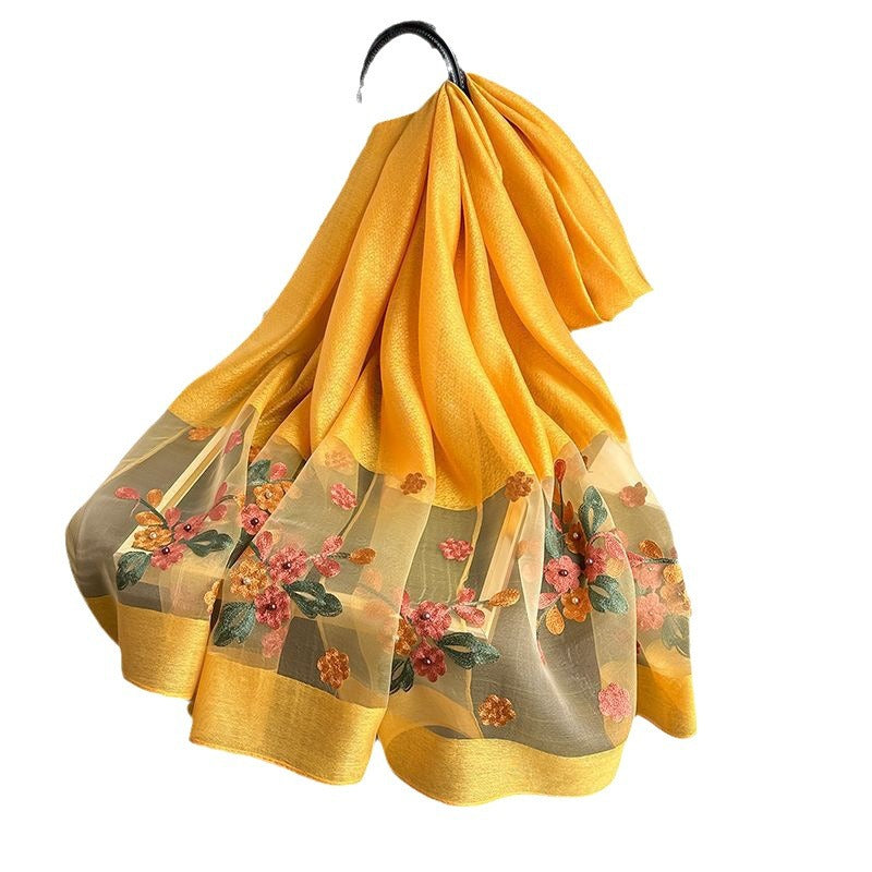 Turmeric Elegant Embroidered Begonia Flower Long Scarf for Women - Beaded Faux Silk Shawl with Floral Design, Lightweight Sunscreen Wrap for Spring Autumn Daily Wear