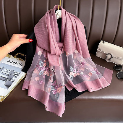 Dark Pink Elegant Embroidered Begonia Flower Long Scarf for Women - Beaded Faux Silk Shawl with Floral Design, Lightweight Sunscreen Wrap for Spring Autumn Daily Wear