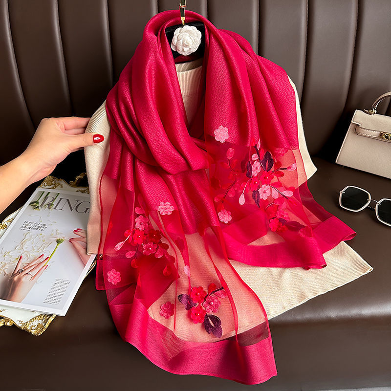 Wine red Elegant Embroidered Begonia Flower Long Scarf for Women - Beaded Faux Silk Shawl with Floral Design, Lightweight Sunscreen Wrap for Spring Autumn Daily Wear