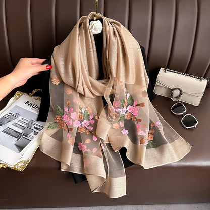 Camel color Elegant Embroidered Begonia Flower Long Scarf for Women - Beaded Faux Silk Shawl with Floral Design, Lightweight Sunscreen Wrap for Spring Autumn Daily Wear