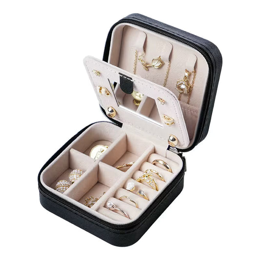 Black Mini Travel Jewelry Box with Mirror - 10x10x5cm Portable PU Leather Organizer for Rings, Earrings, Necklaces, Anti-Tarnish Velvet Interior, Compact Design for On-the-Go Storage