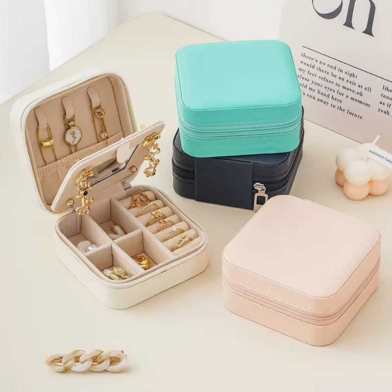 Black Mini Travel Jewelry Box with Mirror - 10x10x5cm Portable PU Leather Organizer for Rings, Earrings, Necklaces, Anti-Tarnish Velvet Interior, Compact Design for On-the-Go Storage