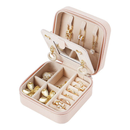 Pink Mini Travel Jewelry Box with Mirror - 10x10x5cm Portable PU Leather Organizer for Rings, Earrings, Necklaces, Anti-Tarnish Velvet Interior, Compact Design for On-the-Go Storage