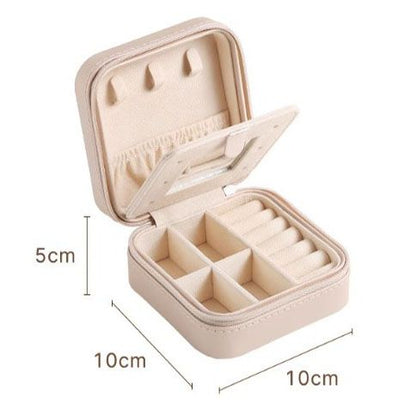 Pink Mini Travel Jewelry Box with Mirror - 10x10x5cm Portable PU Leather Organizer for Rings, Earrings, Necklaces, Anti-Tarnish Velvet Interior, Compact Design for On-the-Go Storage
