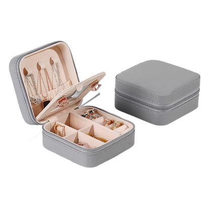 Grey Mini Travel Jewelry Box with Mirror - 10x10x5cm Portable PU Leather Organizer for Rings, Earrings, Necklaces, Anti-Tarnish Velvet Interior, Compact Design for On-the-Go Storage