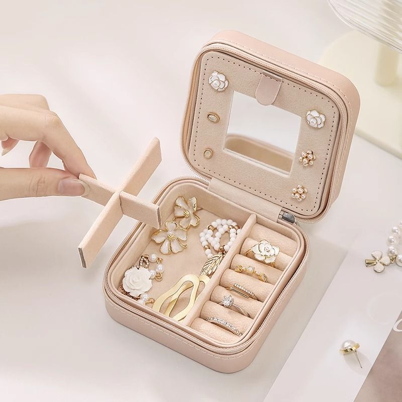 Grey Mini Travel Jewelry Box with Mirror - 10x10x5cm Portable PU Leather Organizer for Rings, Earrings, Necklaces, Anti-Tarnish Velvet Interior, Compact Design for On-the-Go Storage