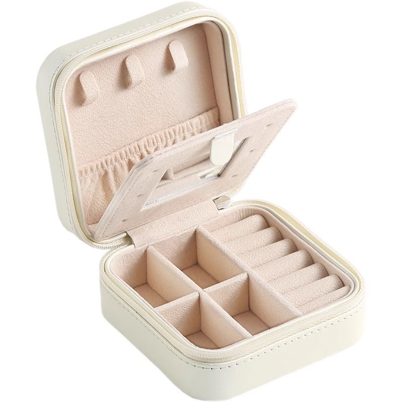 White Mini Travel Jewelry Box with Mirror - 10x10x5cm Portable PU Leather Organizer for Rings, Earrings, Necklaces, Anti-Tarnish Velvet Interior, Compact Design for On-the-Go Storage
