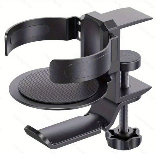 Black 2-in-1 Rotating Headphone and Cup Holder - No-Drill Aluminum Alloy Desk Clamp Mount for Over-Ear Headsets and Beverages - Space-Saving Organizer for Home Office and Gaming Setup