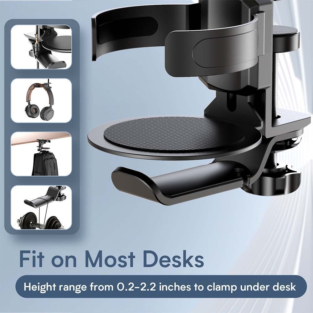 Black 2-in-1 Rotating Headphone and Cup Holder - No-Drill Aluminum Alloy Desk Clamp Mount for Over-Ear Headsets and Beverages - Space-Saving Organizer for Home Office and Gaming Setup