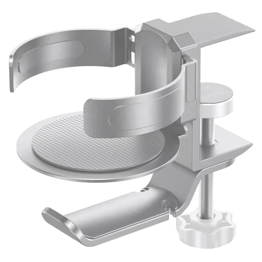 Silver 2-in-1 Rotating Headphone and Cup Holder - No-Drill Aluminum Alloy Desk Clamp Mount for Over-Ear Headsets and Beverages - Space-Saving Organizer for Home Office and Gaming Setup