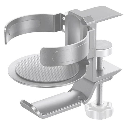 Silver 2-in-1 Rotating Headphone and Cup Holder - No-Drill Aluminum Alloy Desk Clamp Mount for Over-Ear Headsets and Beverages - Space-Saving Organizer for Home Office and Gaming Setup