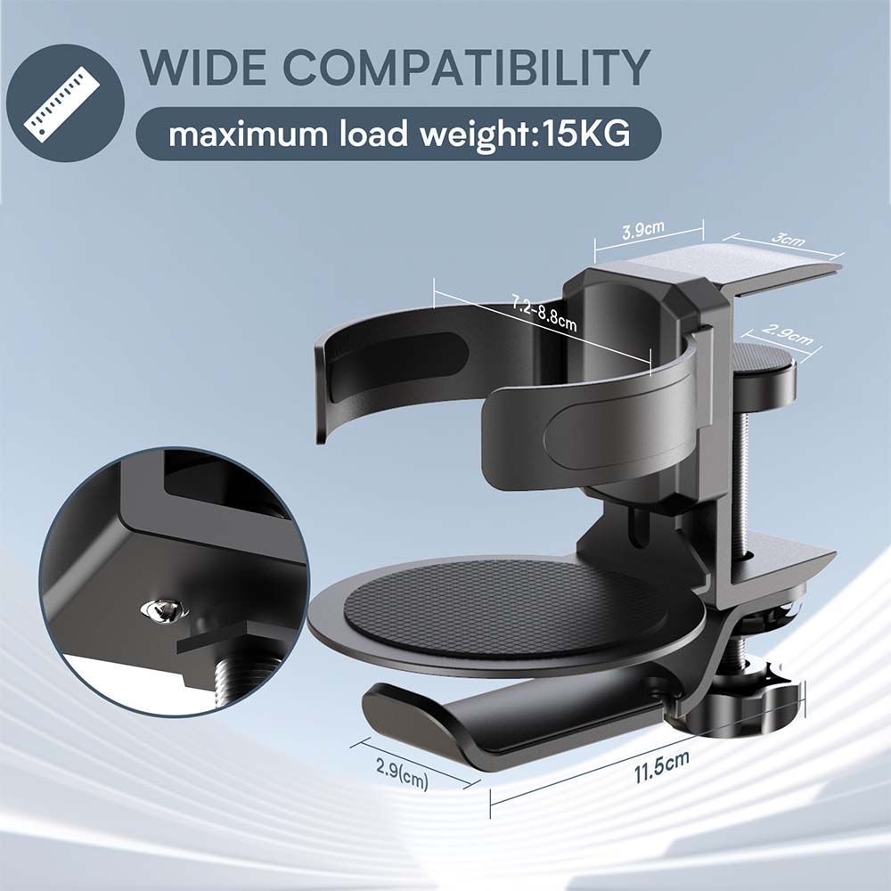 Silver 2-in-1 Rotating Headphone and Cup Holder - No-Drill Aluminum Alloy Desk Clamp Mount for Over-Ear Headsets and Beverages - Space-Saving Organizer for Home Office and Gaming Setup