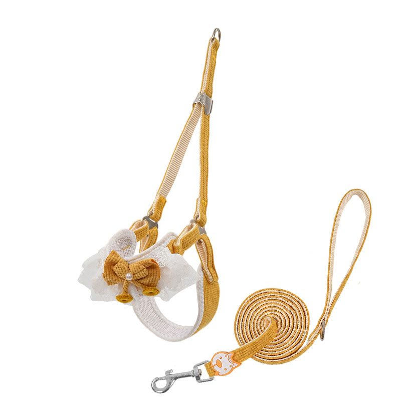 Orange-yellow Lace Y-Shaped Pet Harness and Leash Set - Breathable Mesh Vest for Small to Medium Dogs and Cats - Comfortable Walking Gear with 150cm Leash(Size:M)