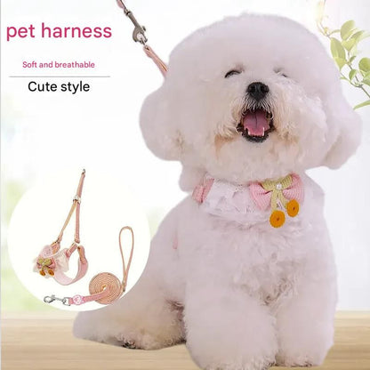 Orange-yellow Lace Y-Shaped Pet Harness and Leash Set - Breathable Mesh Vest for Small to Medium Dogs and Cats - Comfortable Walking Gear with 150cm Leash(Size:M)