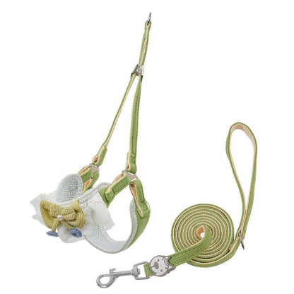 Green Lace Y-Shaped Pet Harness and Leash Set - Breathable Mesh Vest for Small to Medium Dogs and Cats - Comfortable Walking Gear with 150cm Leash(Size:M)
