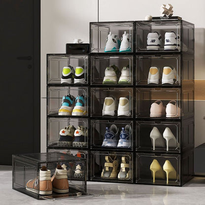 Black Transparent Magnetic Shoe Box Stackable Dustproof Sneaker Storage Case for Basketball Shoes Clear Display Organizer for Local Home and Dormitory