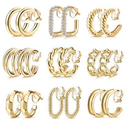 9 Pairs Geometric C-Shaped Non-Pierced Ear Clips Minimalist Hollow Electroplated Alloy Ear Cuffs Painless Fashion Accessory for Local Women