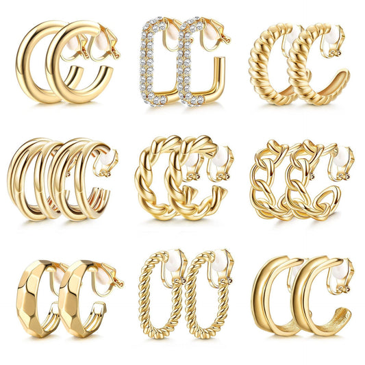 9 Pairs Geometric C-Shaped Non-Pierced Ear Clips Minimalist Hollow Electroplated Alloy Ear Cuffs Painless Fashion Accessory for Local Women