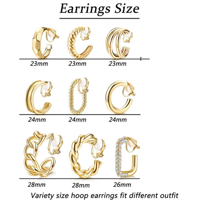 9 Pairs Geometric C-Shaped Non-Pierced Ear Clips Minimalist Hollow Electroplated Alloy Ear Cuffs Painless Fashion Accessory for Local Women