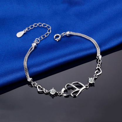 Heart-to-Heart Silver Plated Bracelet with Sparkling Rhinestones Elegant Romantic Jewelry for Women Includes Local Standard Gift Box for Special Occasions(3A White Diamond)