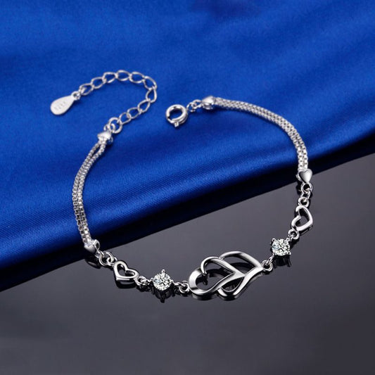 Heart-to-Heart Silver Plated Bracelet with Sparkling Rhinestones Elegant Romantic Jewelry for Women Includes Local Standard Gift Box for Special Occasions(3A White Diamond)