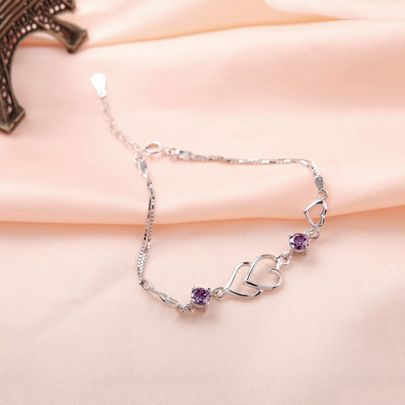 Heart-to-Heart Silver Plated Bracelet with Sparkling Rhinestones Elegant Romantic Jewelry for Women Includes Local Standard Gift Box for Special Occasions(3A Purple Diamond)