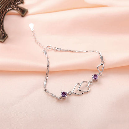 Heart-to-Heart Silver Plated Bracelet with Sparkling Rhinestones Elegant Romantic Jewelry for Women Includes Local Standard Gift Box for Special Occasions(3A Purple Diamond)