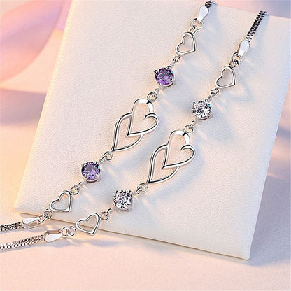 Heart-to-Heart Silver Plated Bracelet with Sparkling Rhinestones Elegant Romantic Jewelry for Women Includes Local Standard Gift Box for Special Occasions(Heart Brand)