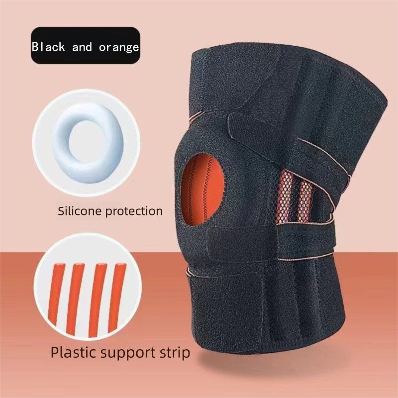 Black and orange Adjustable Open Patella Knee Brace with Spring Support and Compression Straps for Basketball Squats and Running Joint Protection for Local Athletes