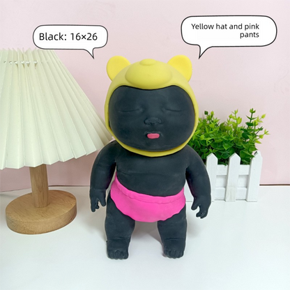 Black 26CM Large Squeeze Ugly Doll Stress Relief Toy Slow Rebound TPR Sand-Filled Squishy Figure for Local Home Pretend Play and Anxiety Reduction(Yellow hat and red trousers)