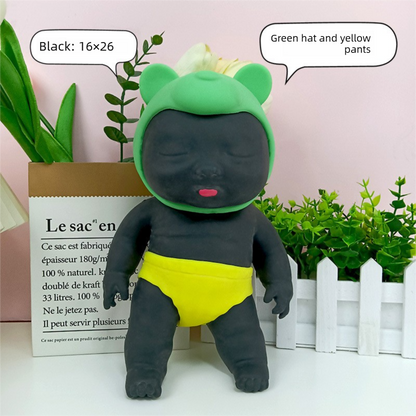 Black 26CM Large Squeeze Ugly Doll Stress Relief Toy Slow Rebound TPR Sand-Filled Squishy Figure for Local Home Pretend Play and Anxiety Reduction(Green hat and yellow trousers)