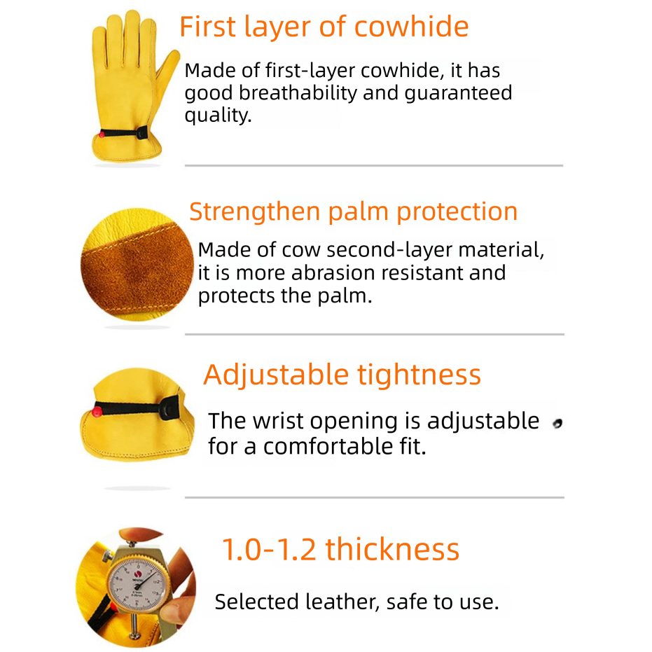 Size L Golden Yellow Top-Grain Cowhide Protective Work Gloves, Durable Wear-Resistant Labor Safety Solution for Local Industrial Professionals