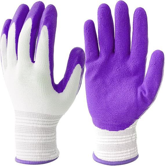 3 Pairs Purple Gardening Gloves with Breathable Latex Coating - Non-Slip Protective Work Gloves for Yard Work Planting and Outdoor Maintenance - All-Day Comfort and Dexterity for Gardeners