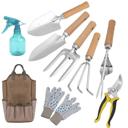 9-Piece Gardening Tool Set - Heavy Duty Stainless Steel with Beechwood Handles - Complete Garden Kit including Storage Tote, Hand Trowel, Rake, Pruning Shears and Gloves, Durable Gift Ready Solution