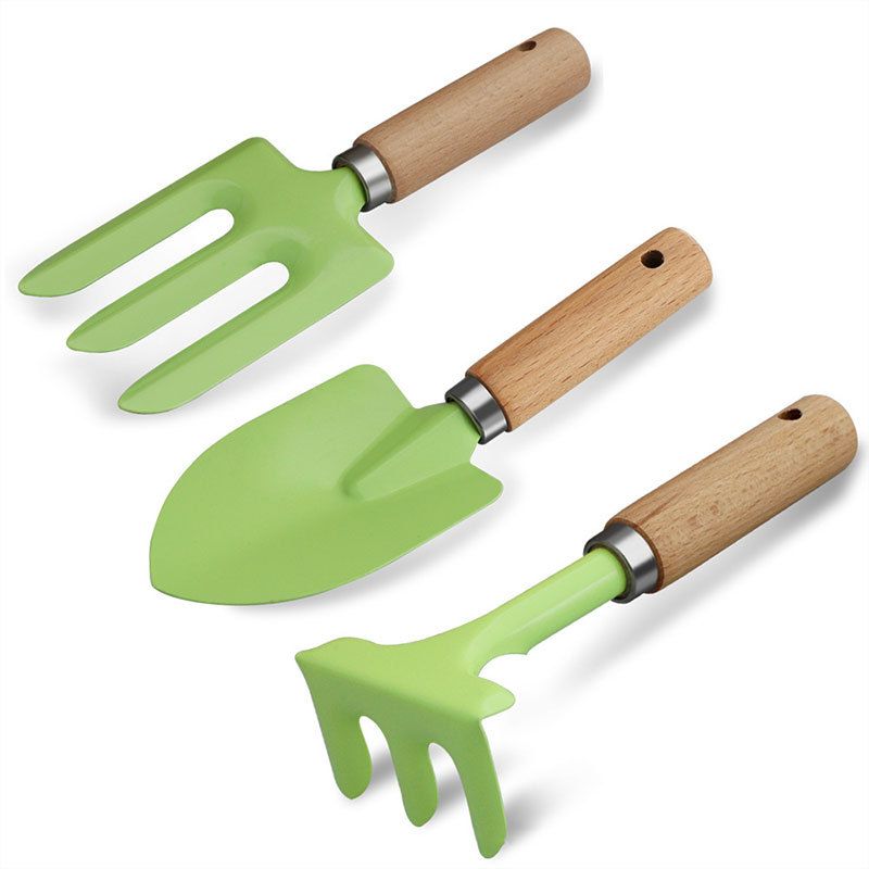 Mini Gardening Tool Set - 3-Piece Natural Wood Handle and Sturdy Metal Shovel Rake Spade - Ideal for Children, Succulent Care and DIY Indoor Potting, Compact Daily Solution for Home and Yard