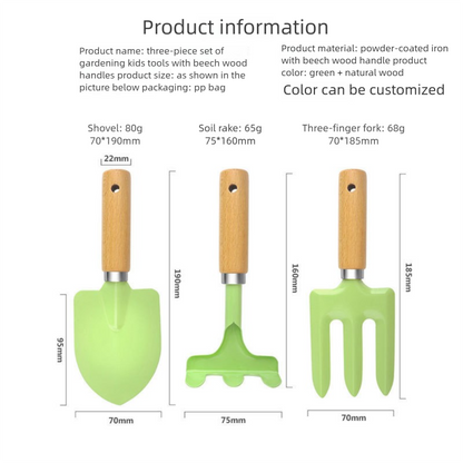 Mini Gardening Tool Set - 3-Piece Natural Wood Handle and Sturdy Metal Shovel Rake Spade - Ideal for Children, Succulent Care and DIY Indoor Potting, Compact Daily Solution for Home and Yard