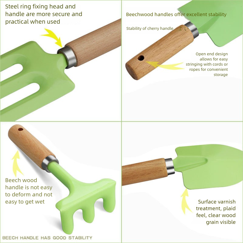 Mini Gardening Tool Set - 3-Piece Natural Wood Handle and Sturdy Metal Shovel Rake Spade - Ideal for Children, Succulent Care and DIY Indoor Potting, Compact Daily Solution for Home and Yard