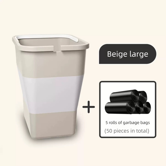 Beige Foldable Car Trash Can and Multi-Functional Storage Bin - Includes 5 Rolls of Bags - Leak-Proof Waterproof Design for Road Trips, Camping and Daily Commuting - Space Saving Portable Organiser(large)
