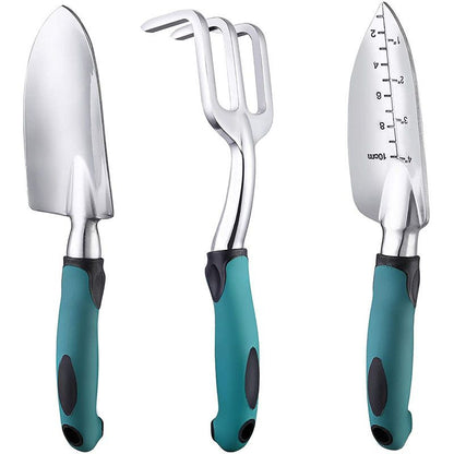 3-Piece Green Gardening Tool Set - Heavy Duty Aluminum Alloy with Bonus Claw Gardening Gloves - Rust Resistant Hand Trowel, Cultivator and Transplanter for Planting, Digging and Weeding