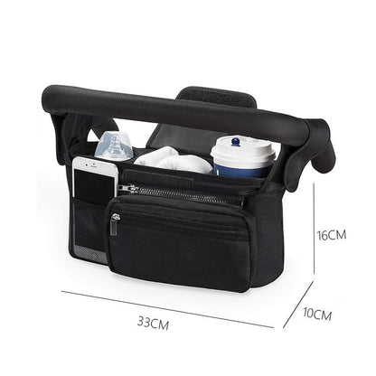 Black Universal Stroller Organizer Bag - Durable Water-Resistant Fabric - Dual Insulated Cup Holders, Large Capacity Storage Caddy for Diapers and Essentials, Fits Most Prams, Travel Friendly Solution
