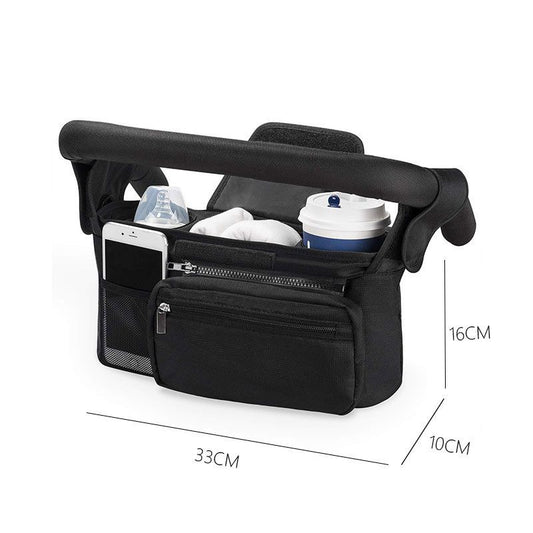 Black Universal Stroller Organizer Bag - Durable Water-Resistant Fabric - Dual Insulated Cup Holders, Large Capacity Storage Caddy for Diapers and Essentials, Fits Most Prams, Travel Friendly Solution