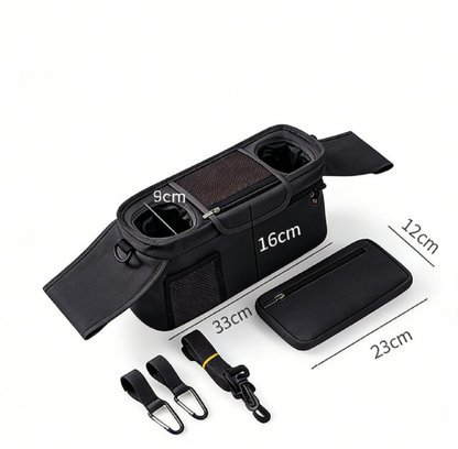 Black Universal Stroller Organizer Bag - Durable Water-Resistant Fabric - Dual Insulated Cup Holders, Large Capacity Storage Caddy for Diapers and Essentials, Fits Most Prams, Travel Friendly Solution