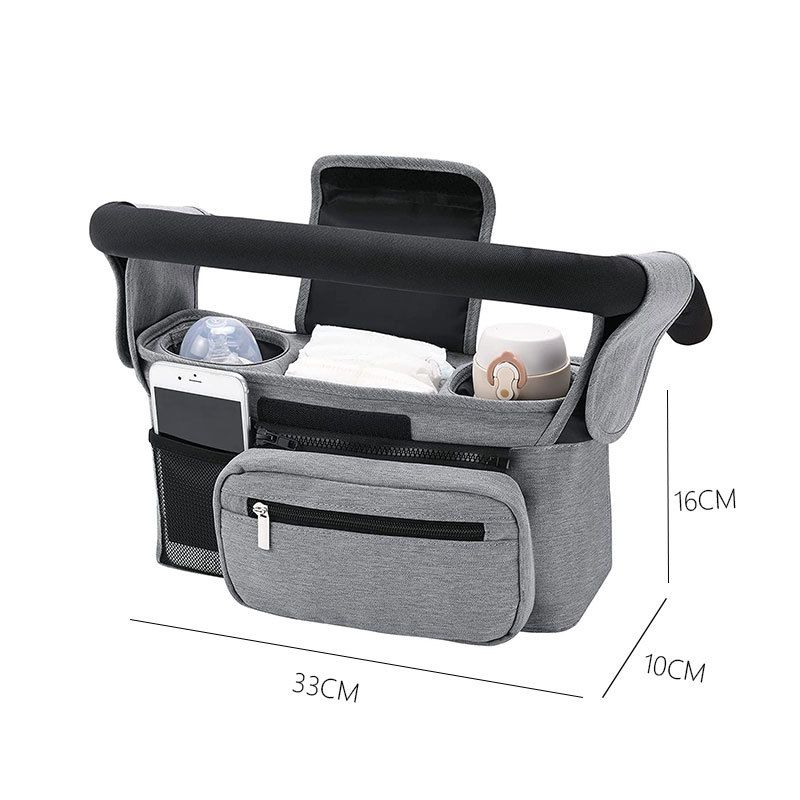 Grey Universal Stroller Organizer Bag - Durable Water-Resistant Fabric - Dual Insulated Cup Holders, Large Capacity Storage Caddy for Diapers and Essentials, Fits Most Prams, Travel Friendly Solution