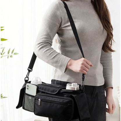 Grey Universal Stroller Organizer Bag - Durable Water-Resistant Fabric - Dual Insulated Cup Holders, Large Capacity Storage Caddy for Diapers and Essentials, Fits Most Prams, Travel Friendly Solution